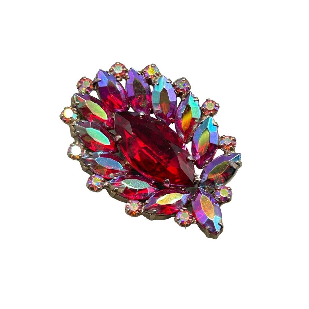 Vintage Signed Garne Brooch Red Aurora Borealis Rhinestones Pin Costume Jewelry